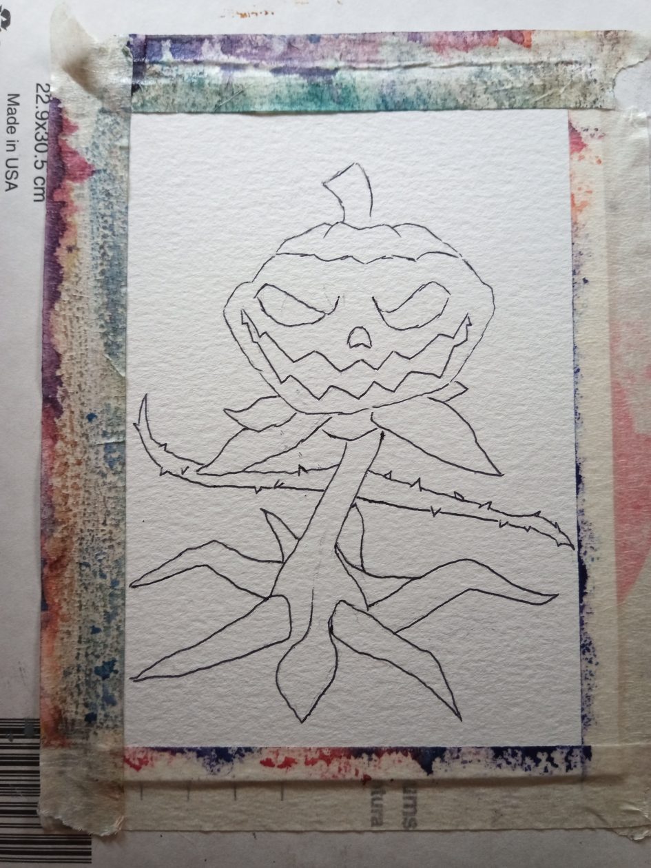 The same drawing inked in black line, a grinning jack-o-lantern head above a thorned vine and leaf-shaped limbs, still unpainted.